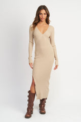 Beige Ribbed Fitted Long Sleeve Maxi Dress