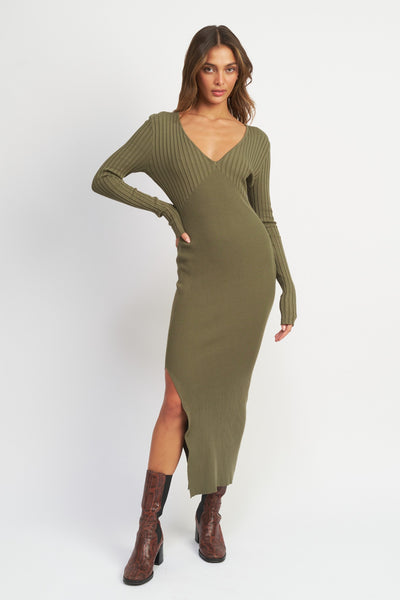 Olive Ribbed Fitted Long Sleeve Maxi Dress – PinkBlush