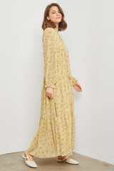 Yellow  Floral Chiffon Front Tie Tiered Maxi Dress