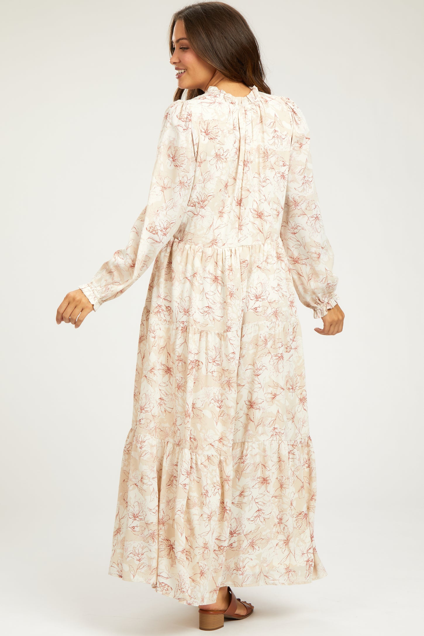 Rust Floral Tassel Tiered Long Sleeve Maternity Maxi Dress