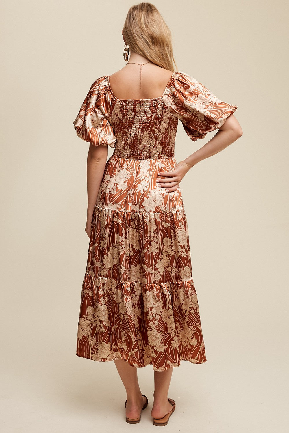 Brown Floral Print Puff Sleeve Silky Satin Midi Dress