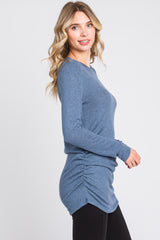 Blue Soft Knit Button Shoulder Ruched Side Top