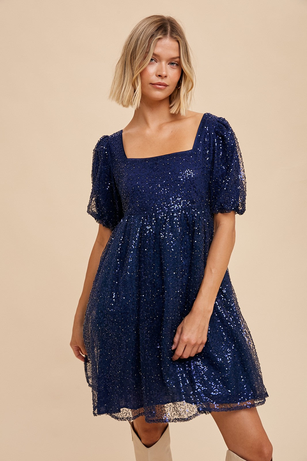 Navy Blue Sequin Pearl Embellished Square Neck Babydoll Dress PinkBlush Navy Blue Sequin Pearl Embellished Square Neck Babydoll Dress PinkBlush