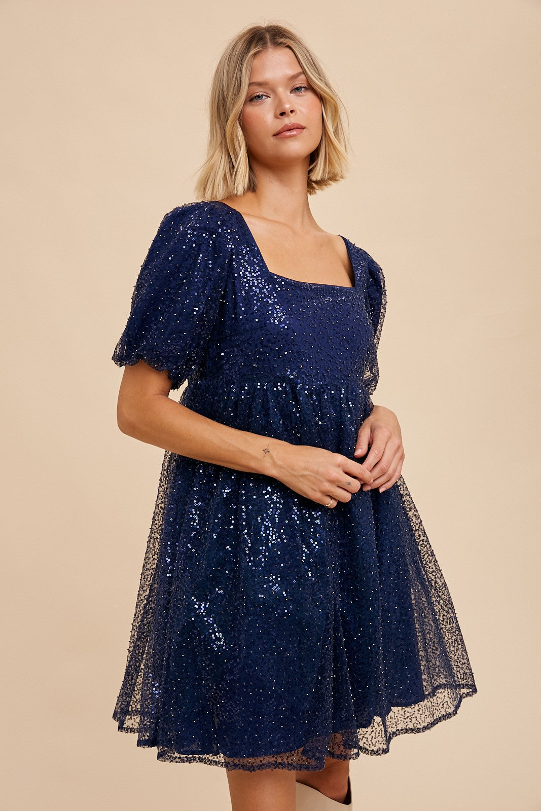 Navy Blue Sequin Pearl Embellished Square Neck Babydoll Dress PinkBlush Navy Blue Sequin Pearl Embellished Square Neck Babydoll Dress PinkBlush