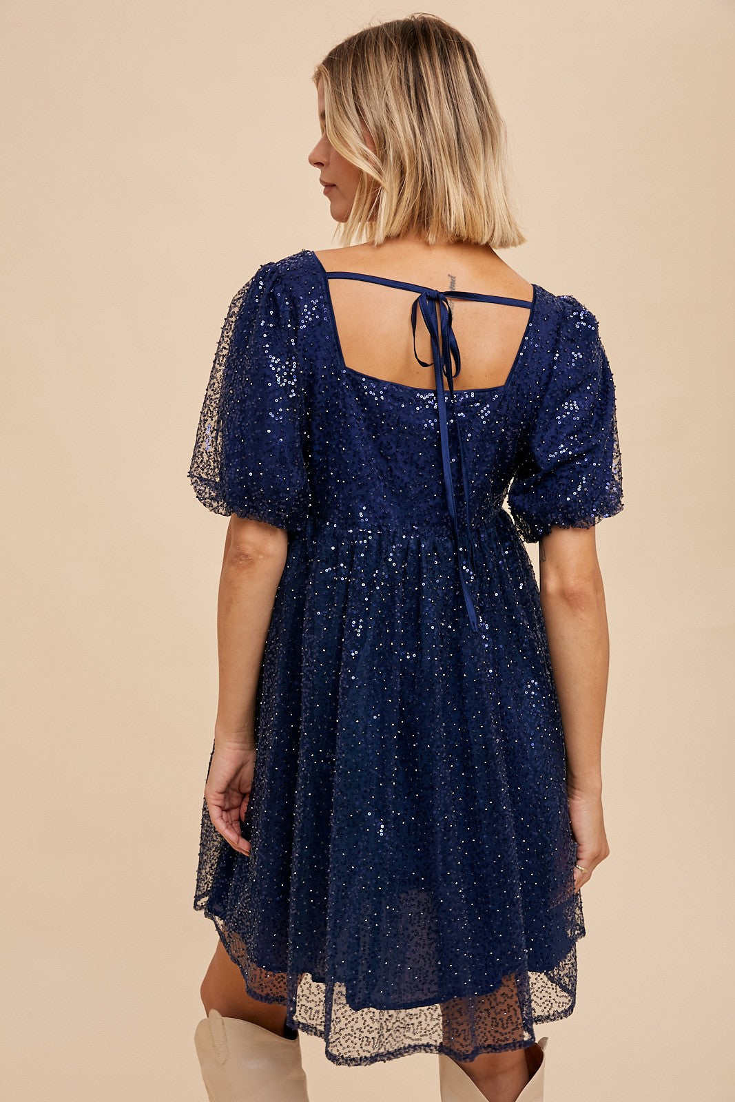 Navy Blue Sequin Pearl Embellished Square Neck Babydoll Dress PinkBlush Navy Blue Sequin Pearl Embellished Square Neck Babydoll Dress PinkBlush
