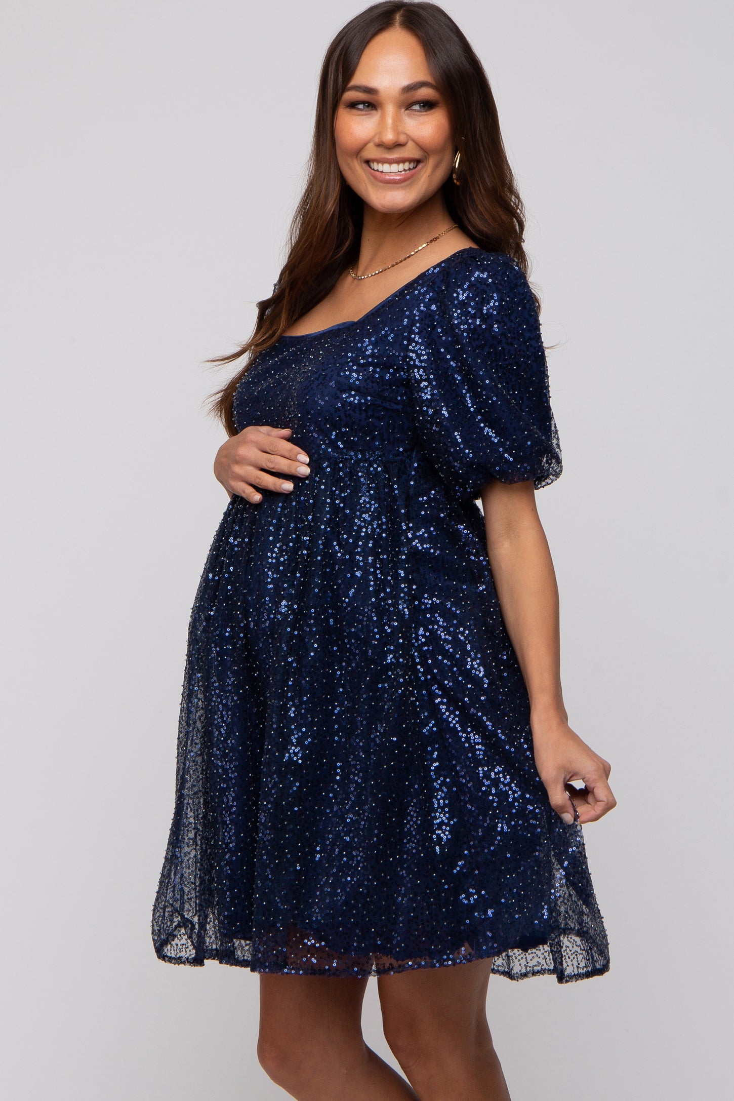 blue sparkly maternity dress Aqua Sequin Short Sleeve Tiered Maternity Dress PinkBlush
