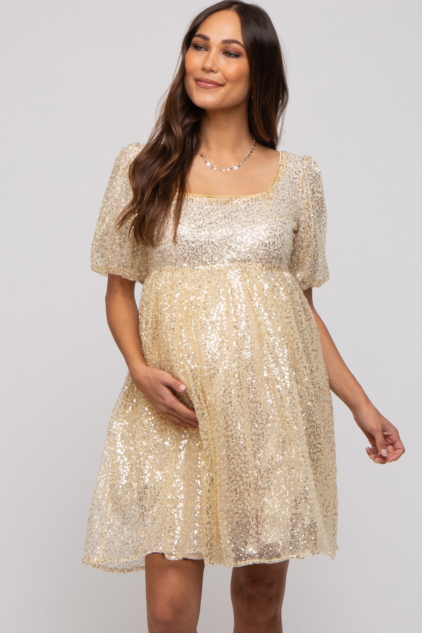 Gold Sequin Pearl Embellished Square Neck Babydoll Maternity Dress PinkBlush Gold Sequin Pearl Embellished Square Neck Babydoll Maternity Dress PinkBlush