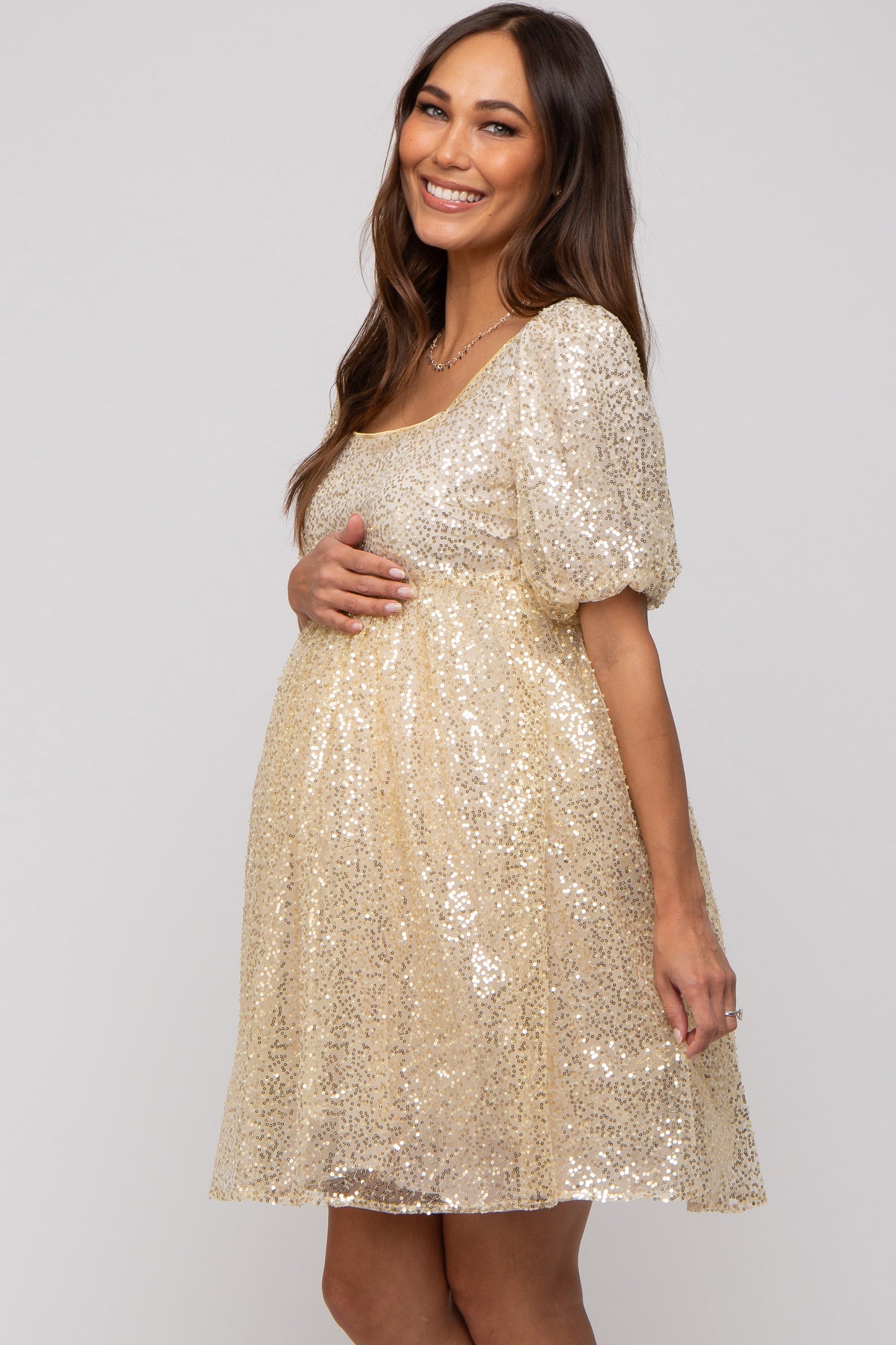 Gold Sequin Pearl Embellished Square Neck Babydoll Maternity Dress PinkBlush Gold Sequin Pearl Embellished Square Neck Babydoll Maternity Dress PinkBlush