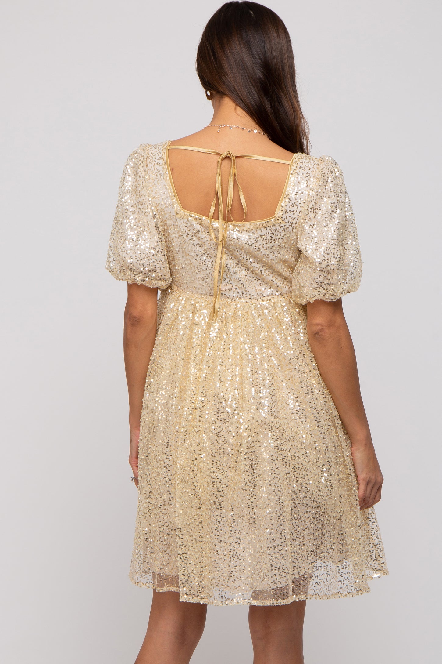 Gold Sequin Pearl Embellished Square Neck Babydoll Maternity Dress