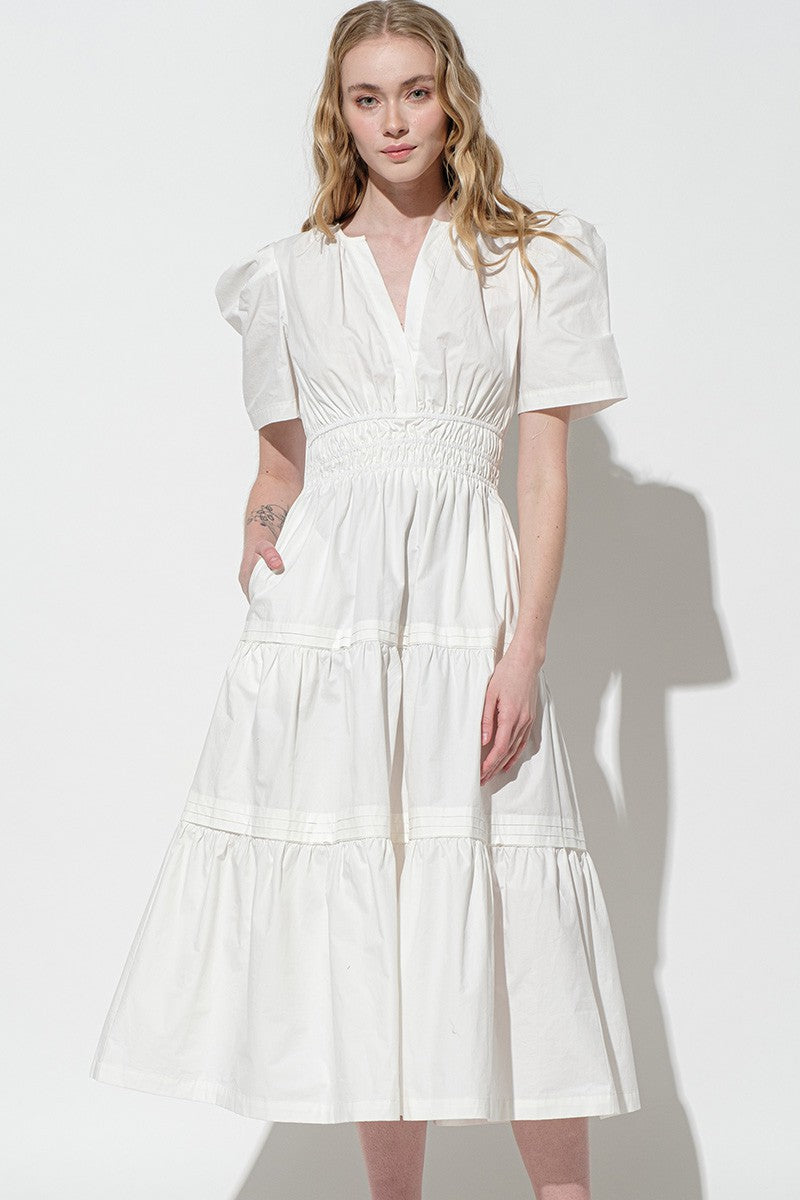 White V-Neck Tiered Puff Sleeve Maxi Dress