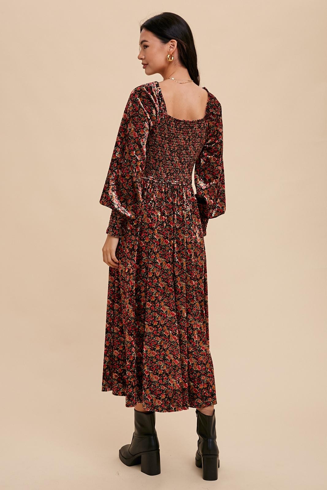 Black Floral Velvet Square Neck Midi Dress