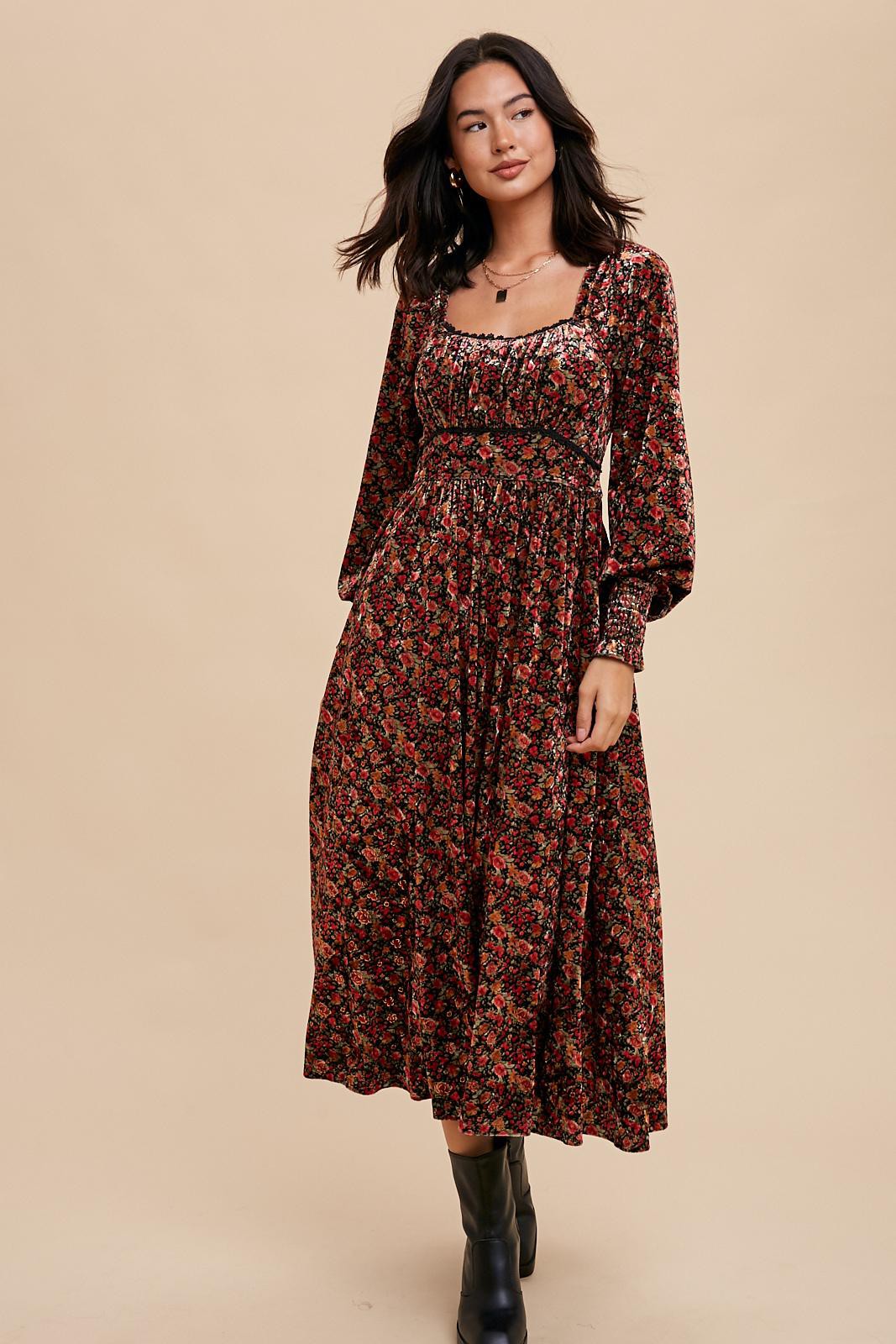 Black Floral Velvet Square Neck Midi Dress