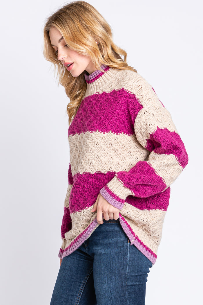 Magenta Striped Mock Neck Sweater