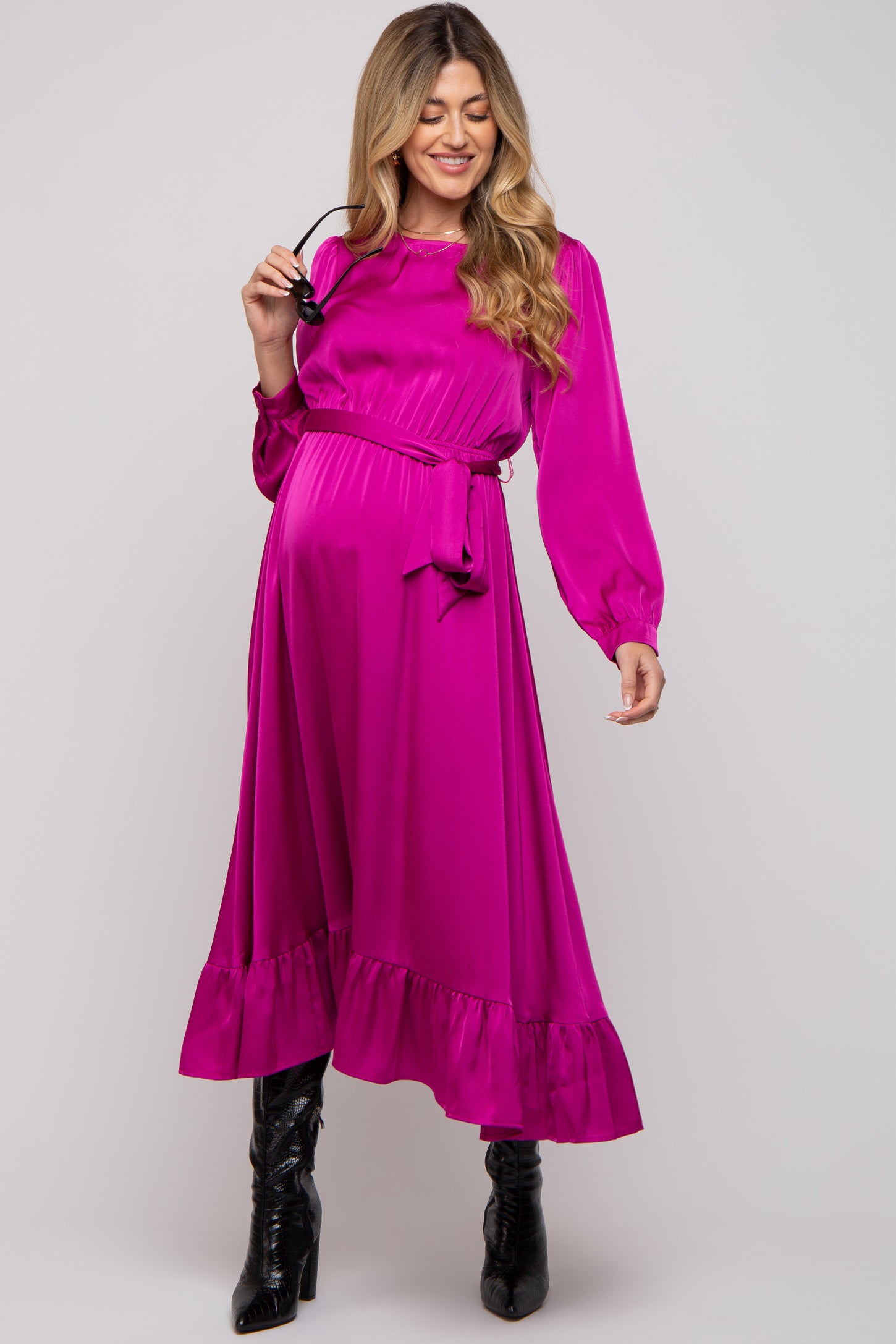 Magenta Satin Belted Waist Maternity Midi Dress