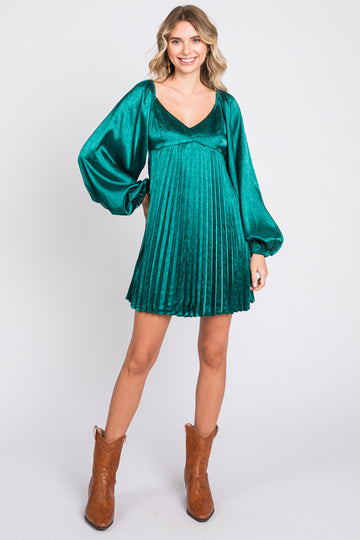 Forest Green Jacquard Pleated Mini Dress
