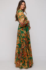 Green Leaf Print Maternity Tiered Maxi Dress