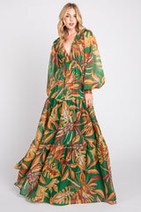 Green Leaf Print Maternity Tiered Maxi Dress