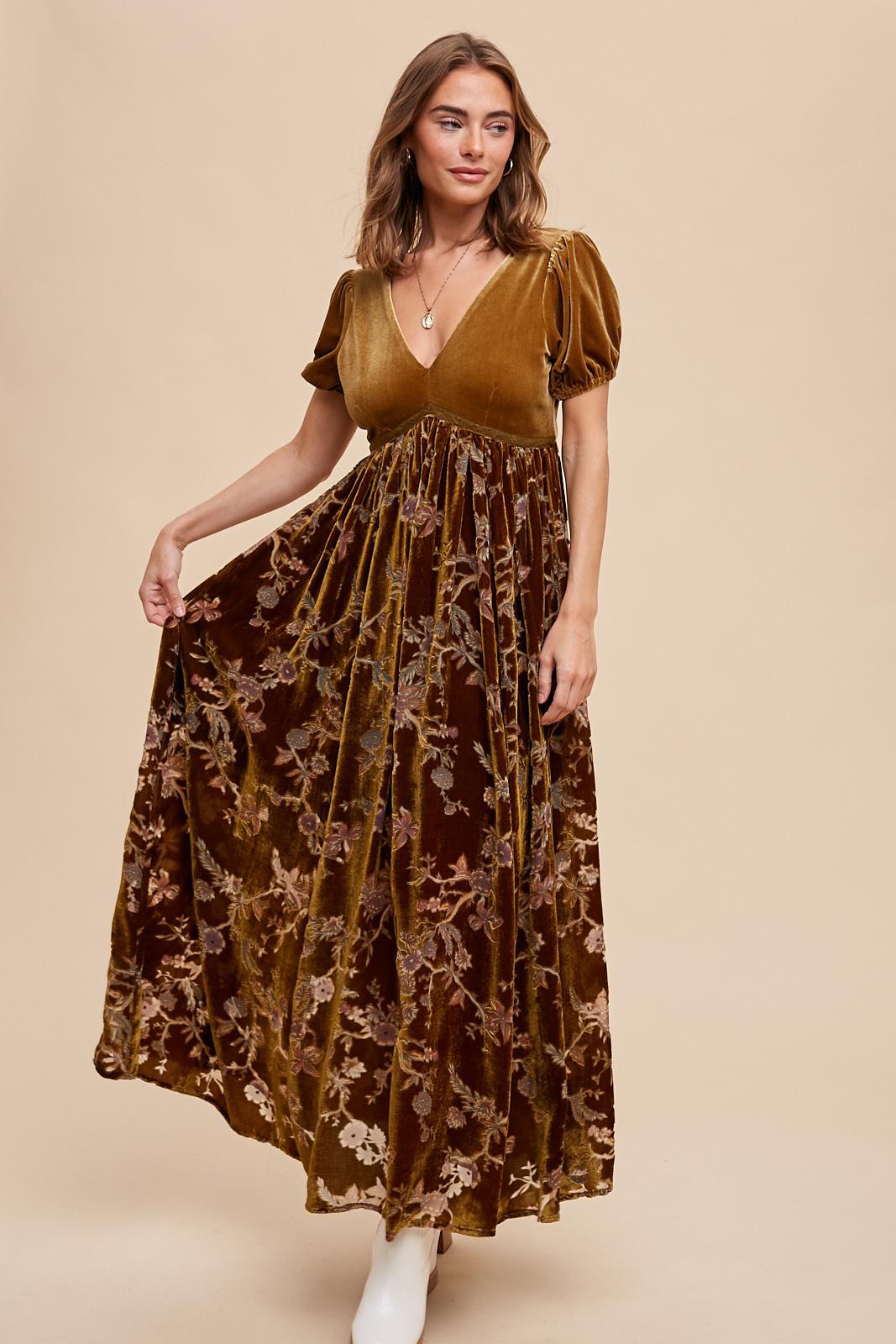 Camel Floral Burnout Velvet Maxi Dress Camel Floral Burnout Velvet Maxi Dress