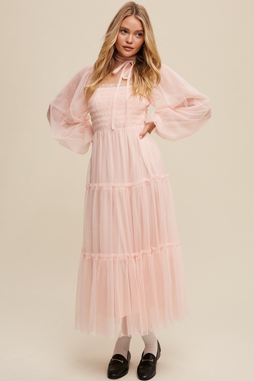 dusty pink dress long sleeve Graceful Finesse Dusty Rose Pleated Long Sleeve Maxi Dress