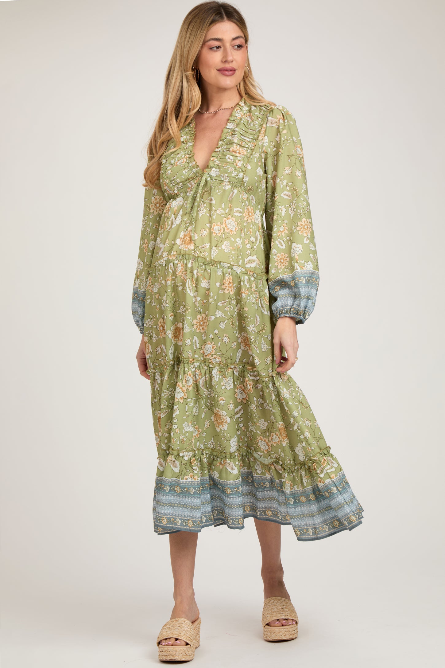 Light Green Floral Deep V-Neck Long Sleeve Maternity Midi Dress
