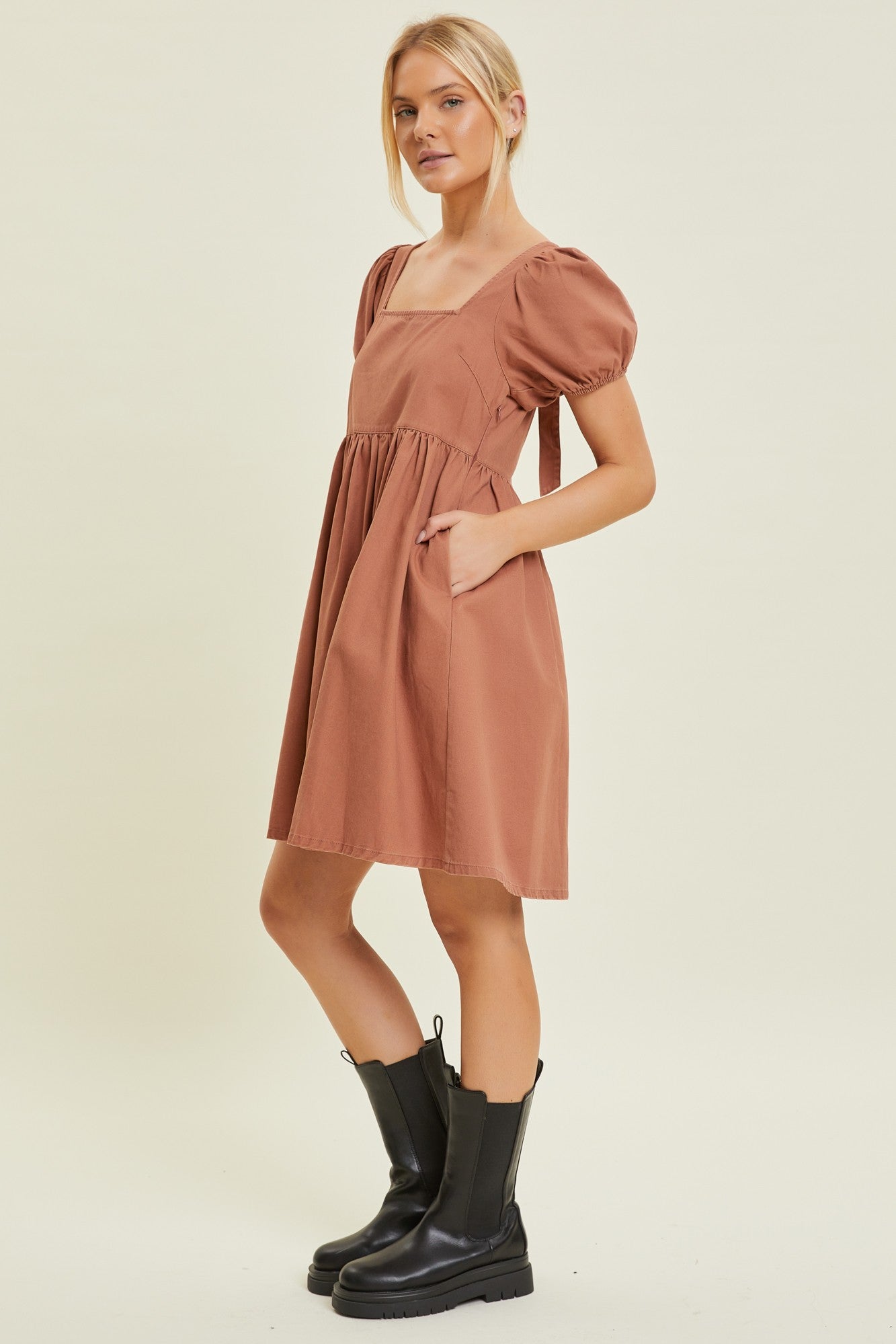 Rust Puff Sleeve Back Tie Dress