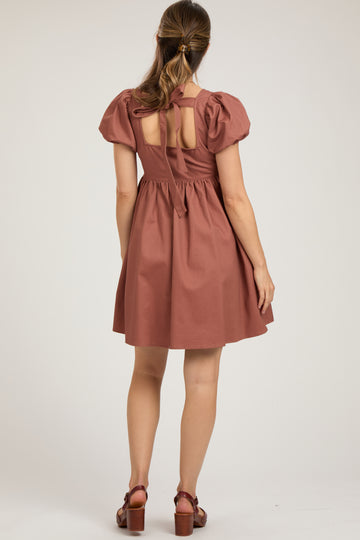 Rust Puff Sleeve Back Tie Maternity Dress