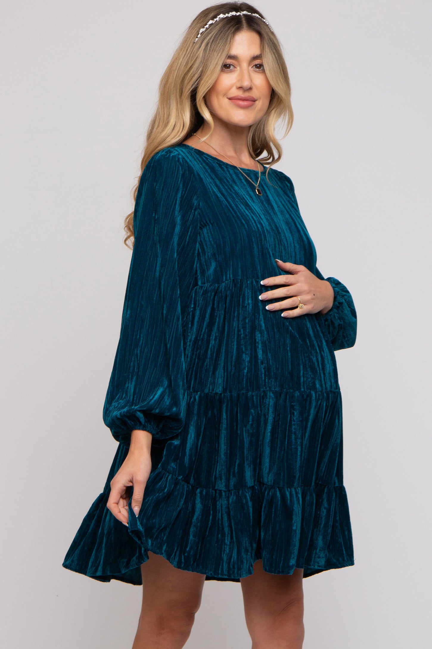 Teal Velvet Tiered Long Sleeve Maternity Dress