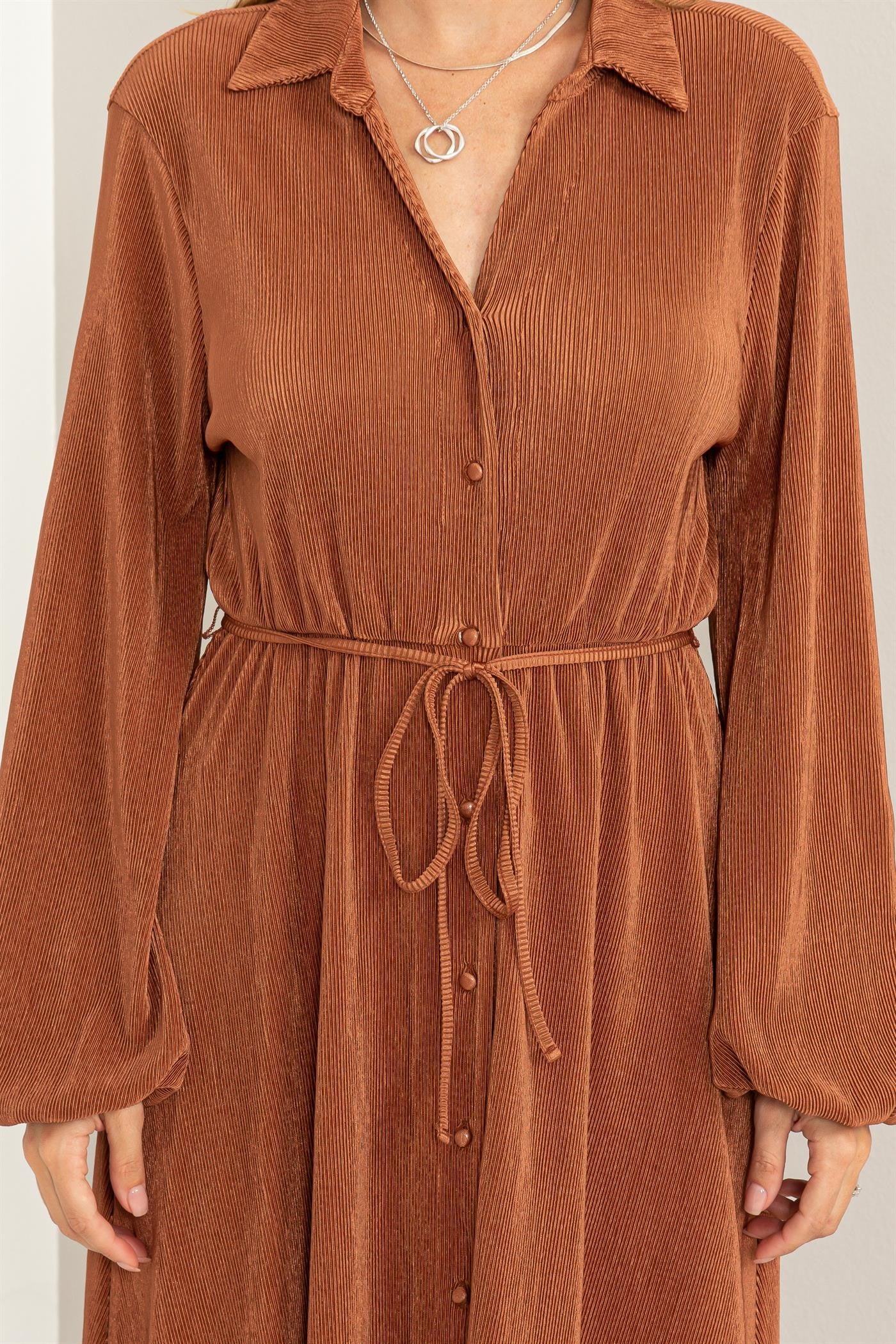 Brown Tie-Belt Shirt Dress With Pleated Fabric