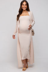 Cream Ribbed Sleeveless Dress Cardigan Maternity Set