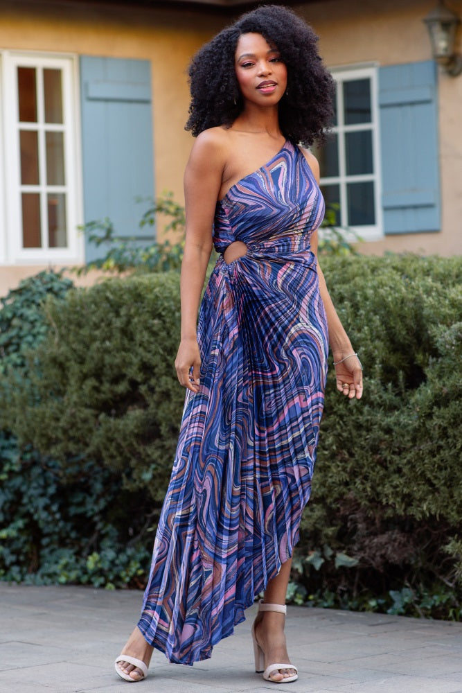 Purple Swirl Pleated One Shoulder Maxi Dress PinkBlush Purple Swirl Pleated One Shoulder Maxi Dress PinkBlush