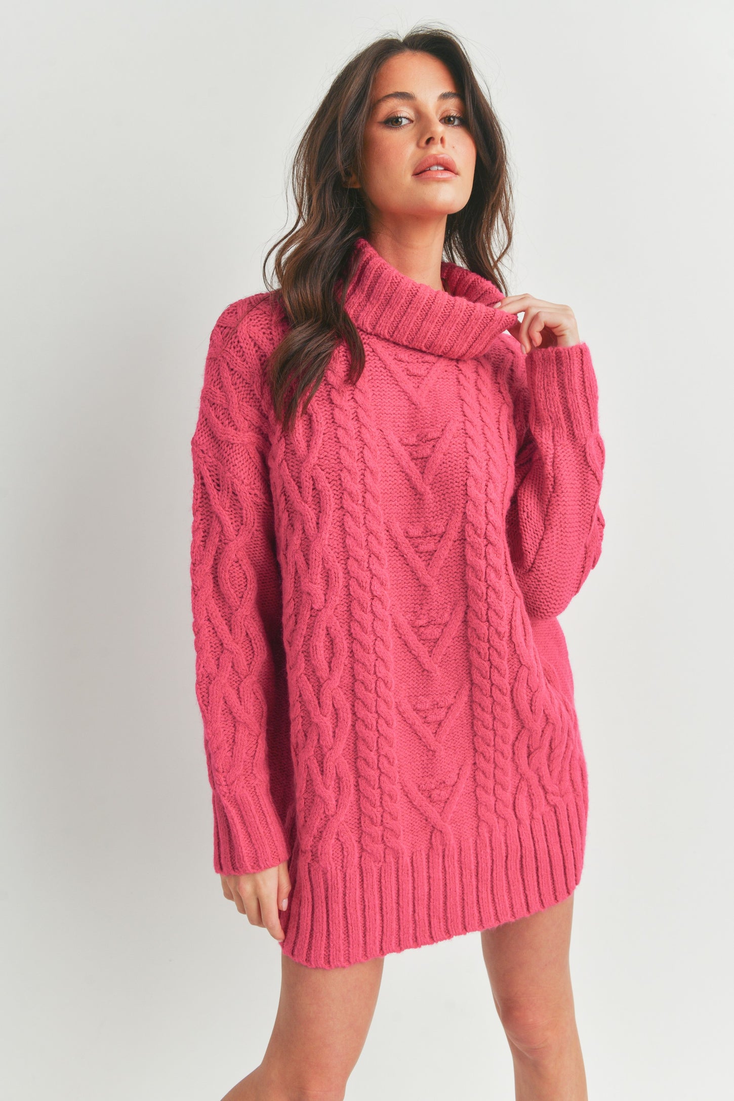 Fuchsia Knit Turtleneck Sweater Dress