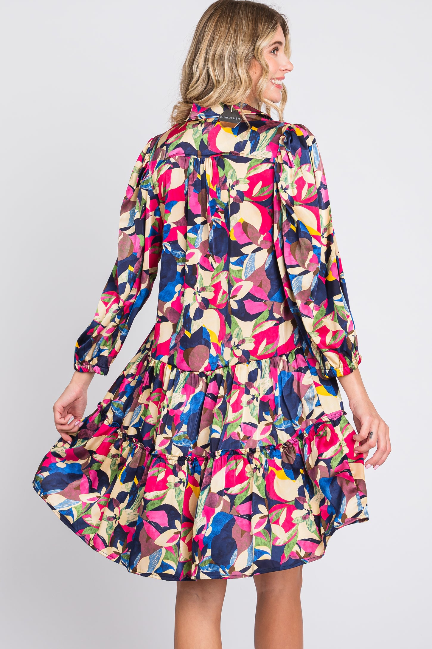 Multicolor Print Satin 3/4 Sleeve Dress