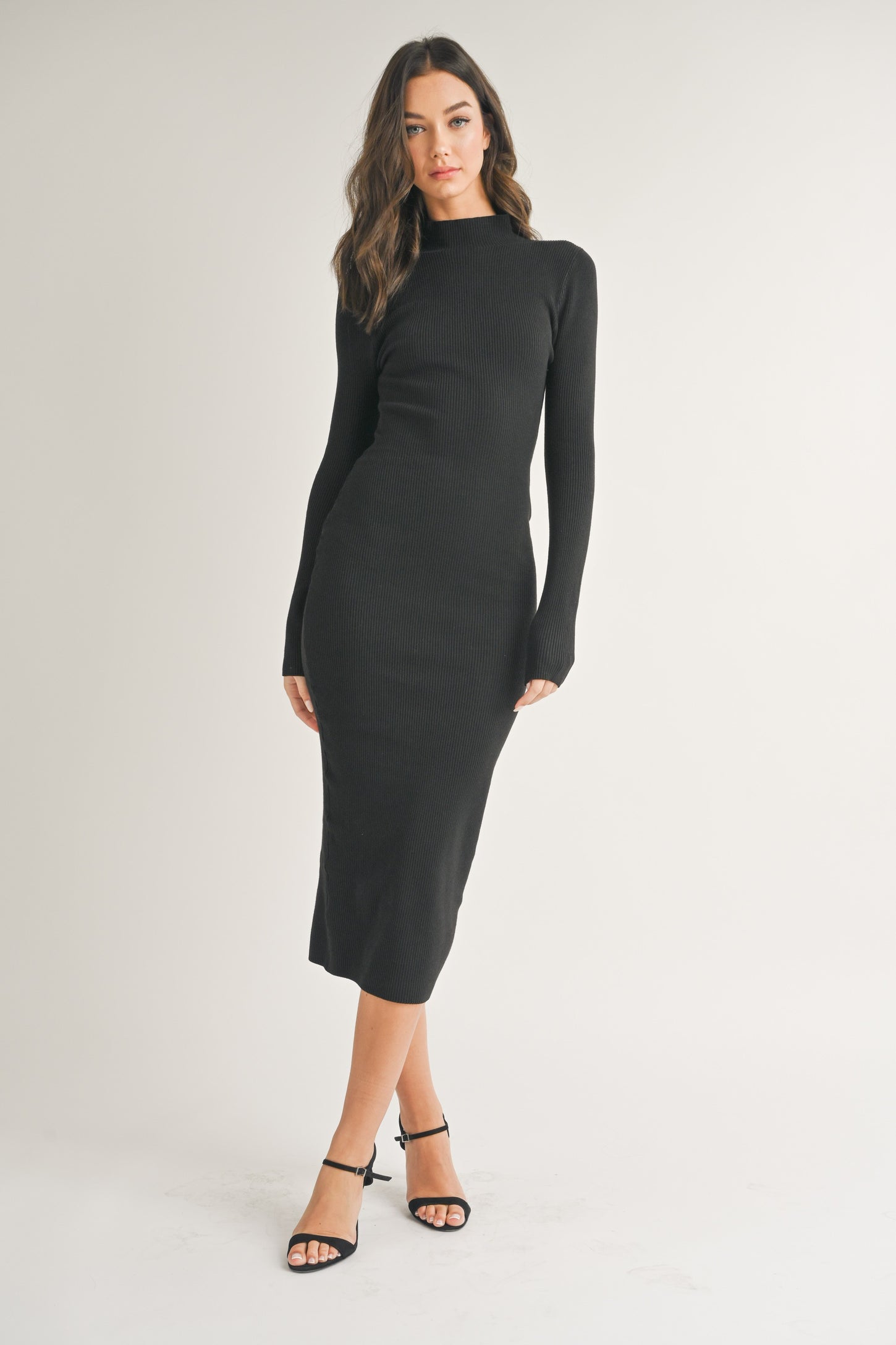 Black Mock Neck Long Sleeve Midi Dress