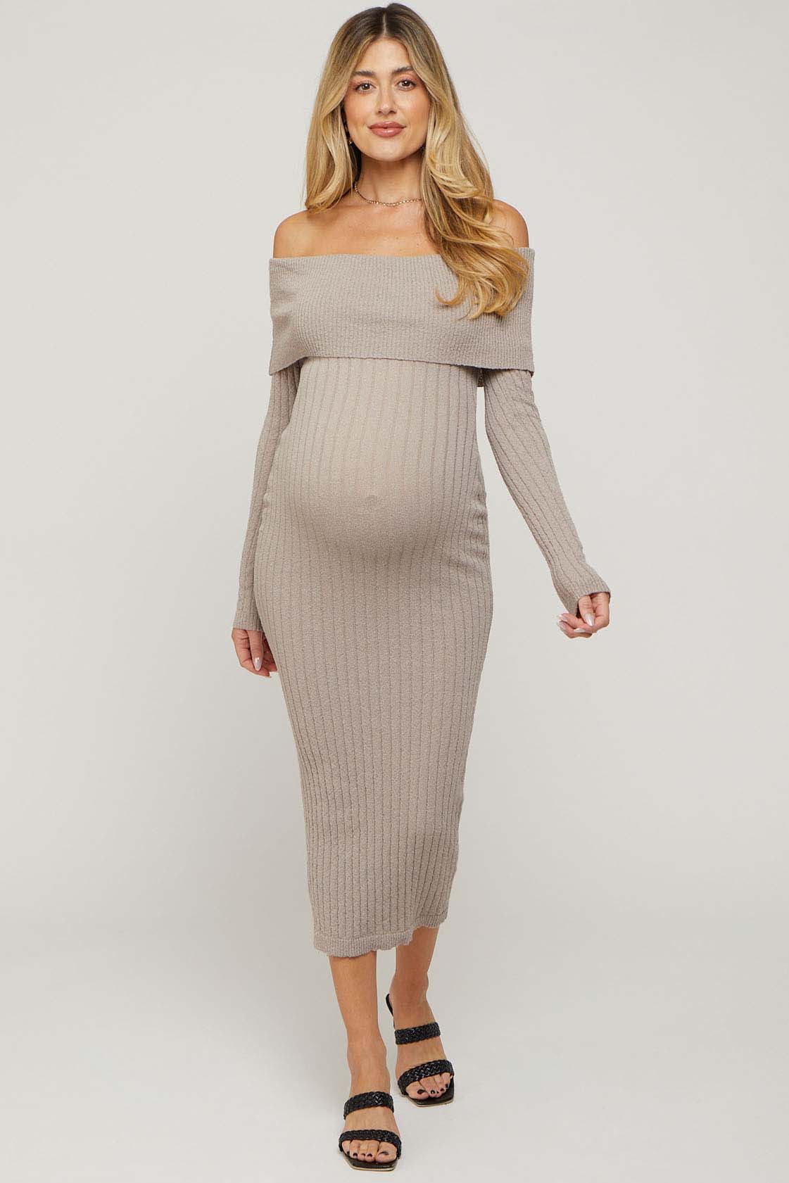 rib-knit off shoulder bodycon maxi dress Terneigh Ribbed-Knit Off-Shoulder Maxi Dress in Taupe