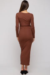 Brown Ribbed Fitted Long Sleeve Maternity Midi Dress