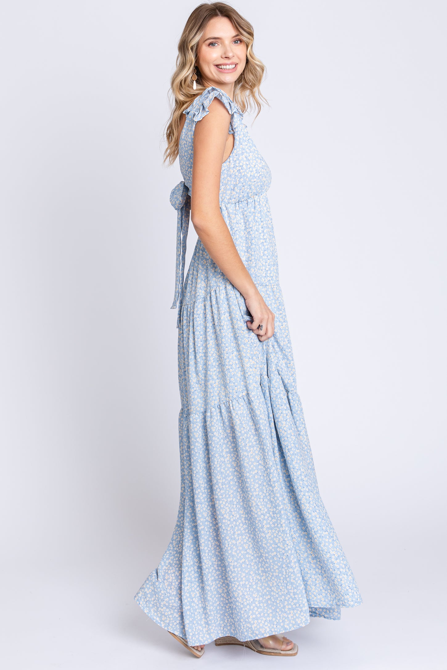 Light Blue Floral Deep V-Neck Tiered Maxi Dress