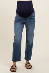 Blue Raw Edge Straight Crop Maternity Jeans