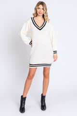Ivory Oversized Varsity Striped V-Neck Maternity Sweater Dress