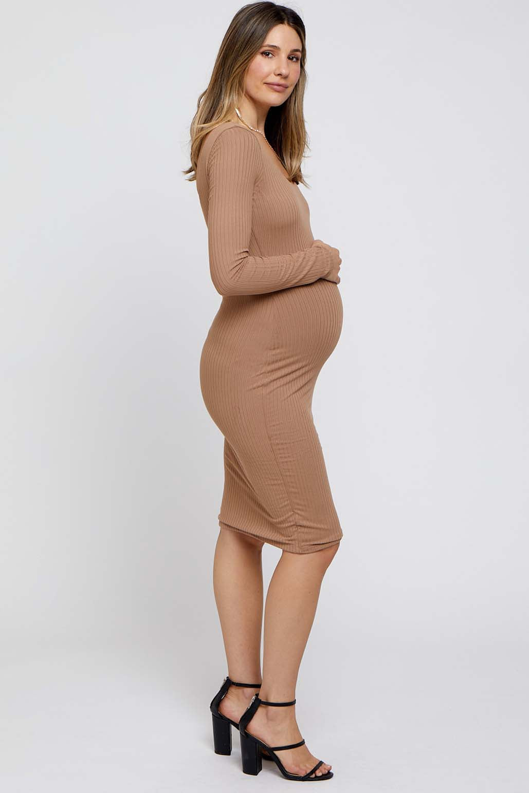 Taupe Ribbed Long Sleeve Maternity Dress