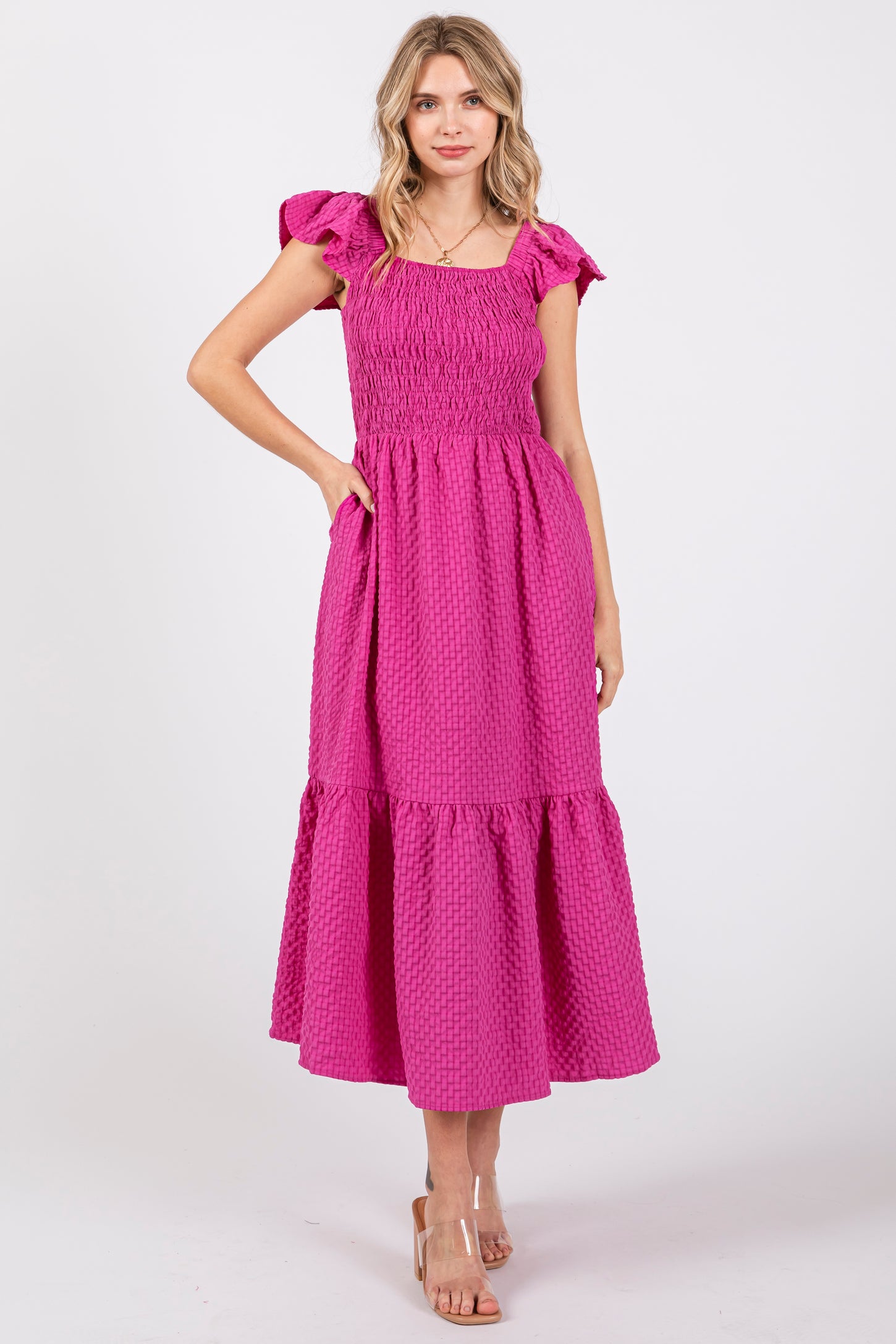Magenta Sleeveless Smocked Tiered Maternity Dress