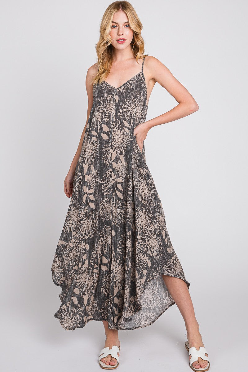 Charcoal Floral Asymmetrical Hem Jumpsuit
