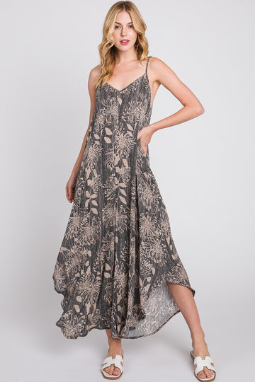 Charcoal Floral Asymmetrical Hem Jumpsuit