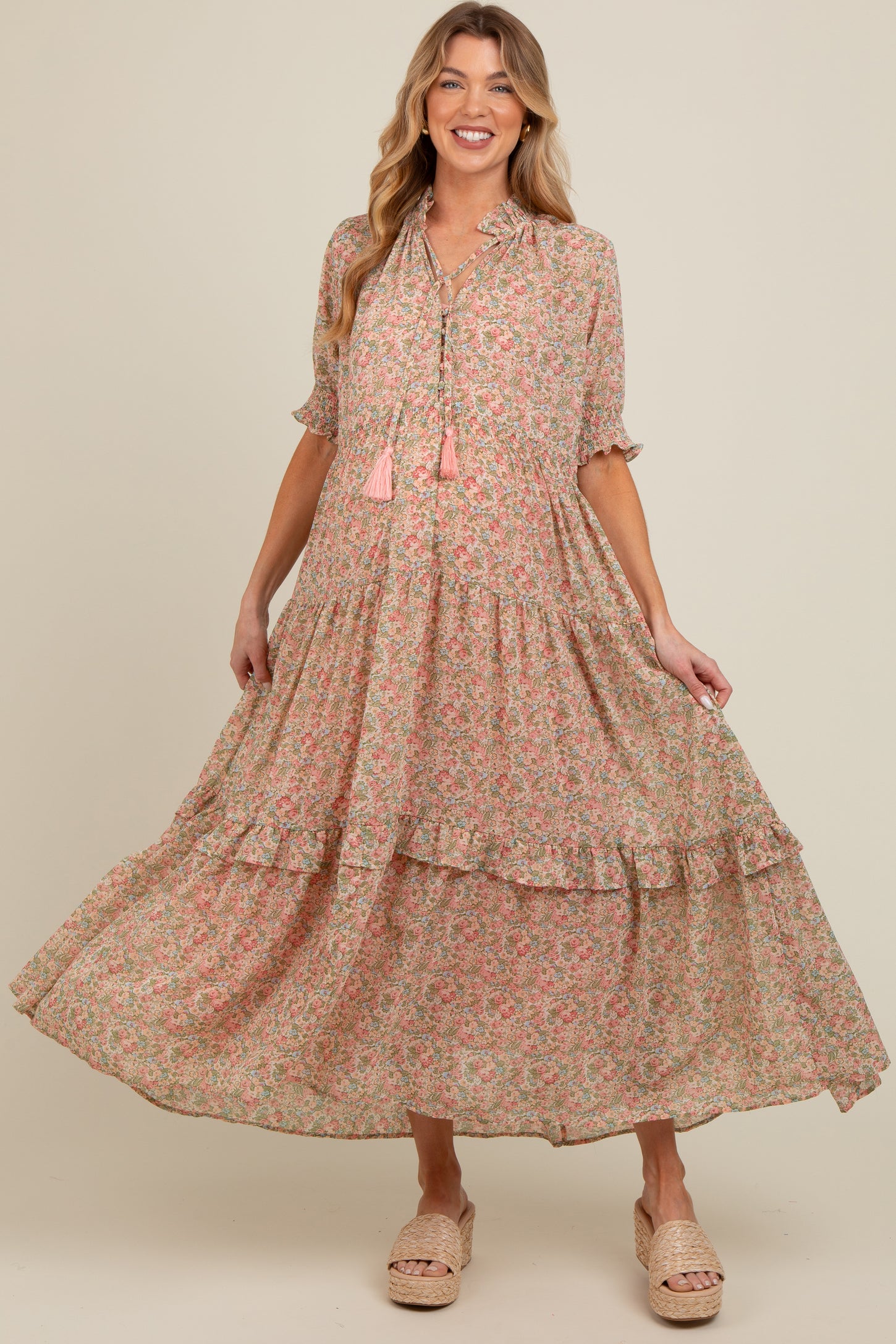 Peach Floral Chiffon Button Front Tiered Maternity Midi Dress