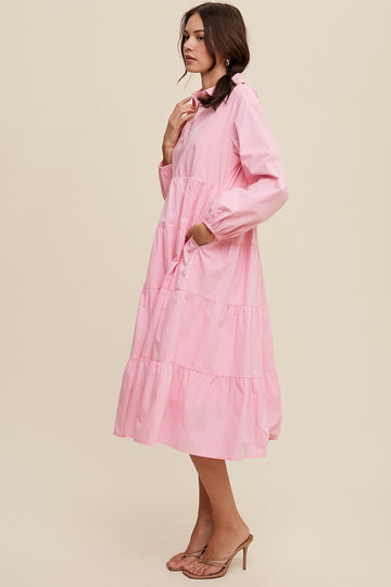 Pink Tiered Collared Midi Dress