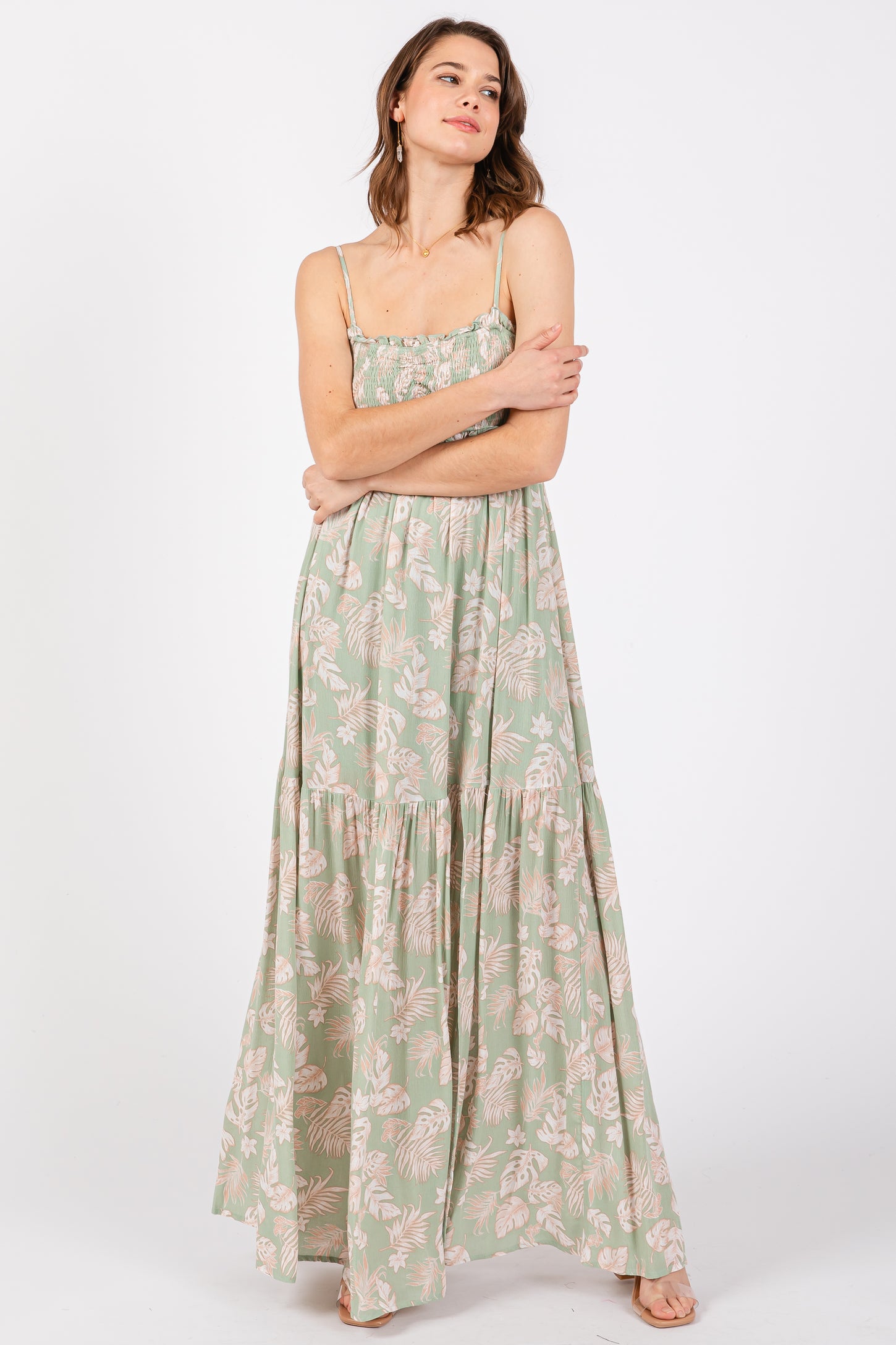Light Olive Floral Sweetheart Smocked Front Cutout Maxi Dress