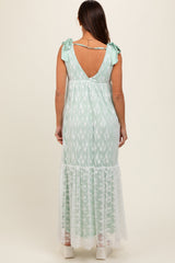 Light Olive V-Neck Satin Tie Lace Overlay Maternity Maxi Dress