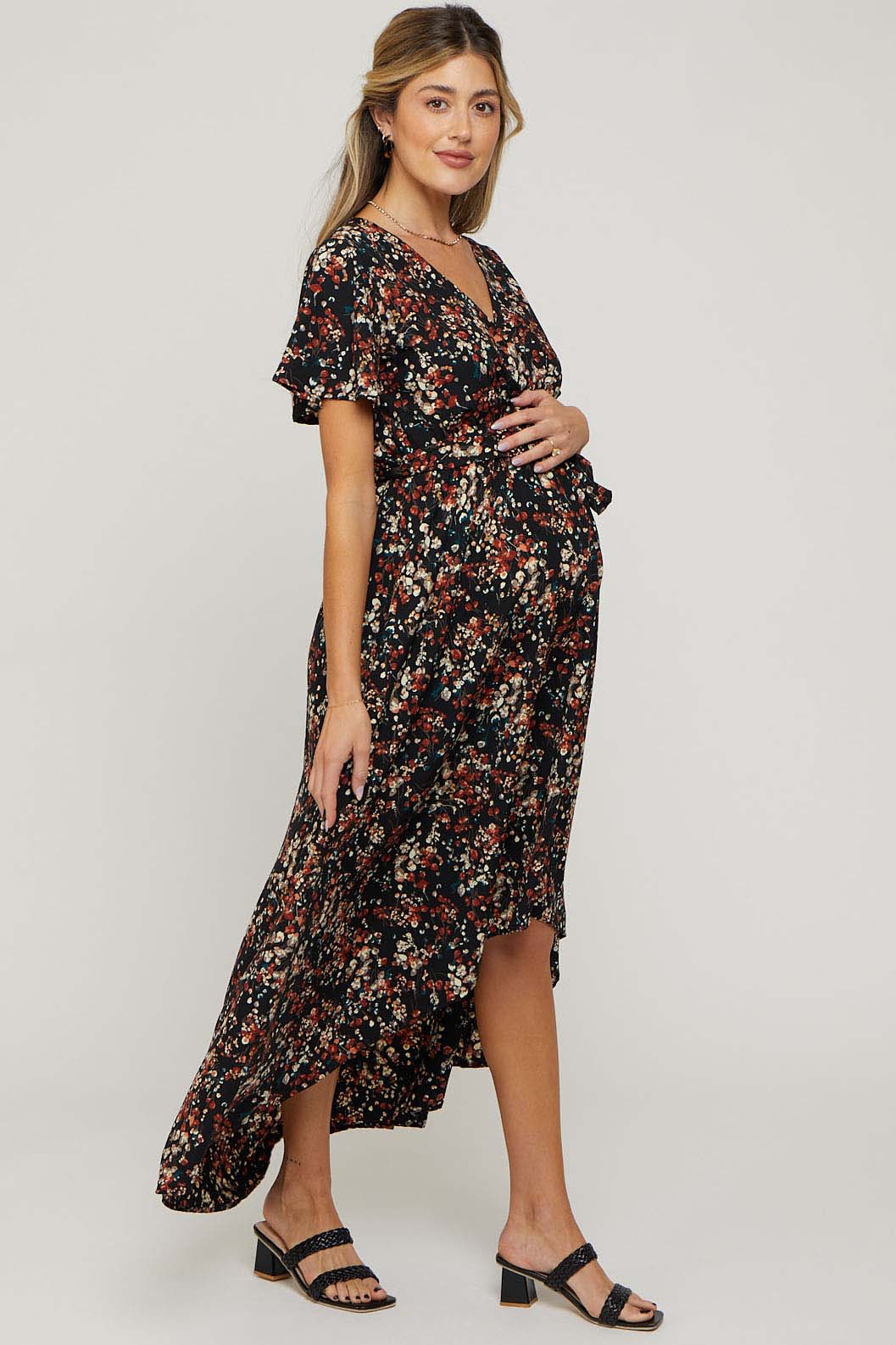 Black Floral Hi-Lo Maternity Wrap Maxi Dress