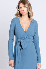 Blue Ribbed Long Sleeve Wrap Dress