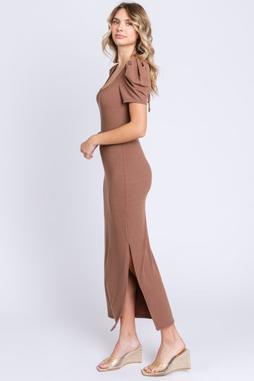 Brown Ribbed Square Neck Side Slit Dress