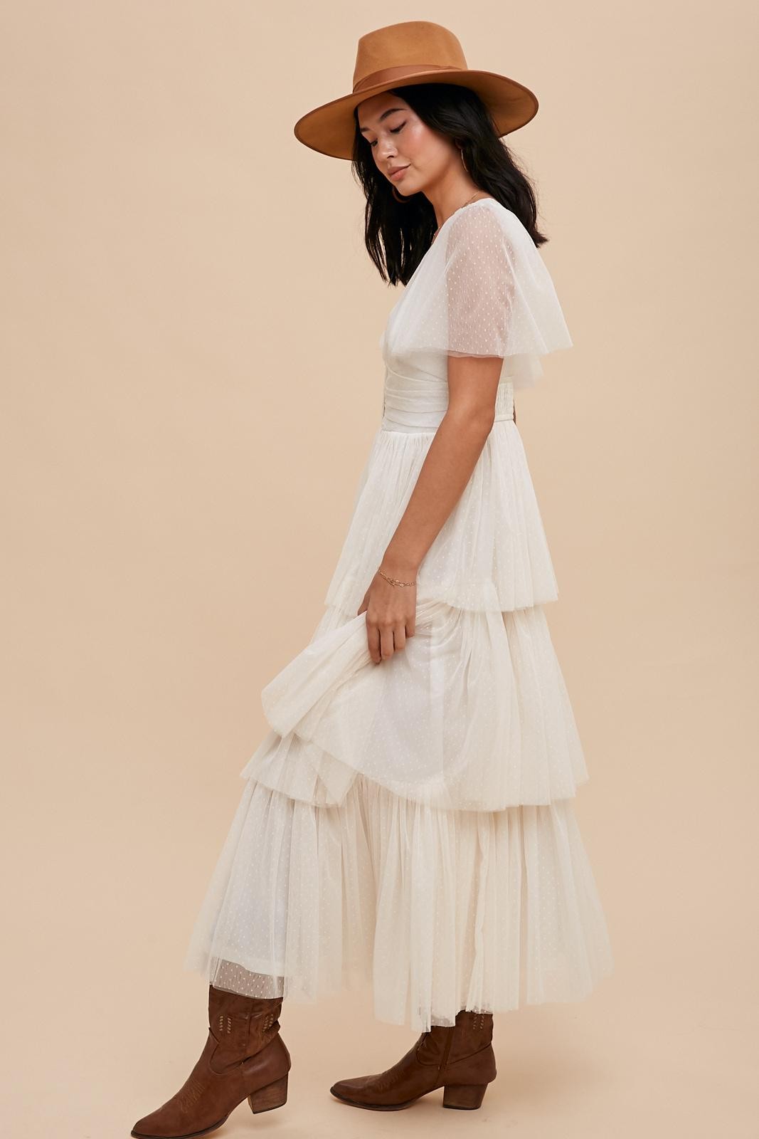 Creme Swiss Dot Mesh Tiered Dress